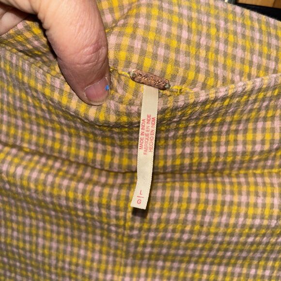 FREE PEOPLE In My Feelings Crop Boot Pants L Check Yellow Cotton Blend Pullon - Picture 3 of 11